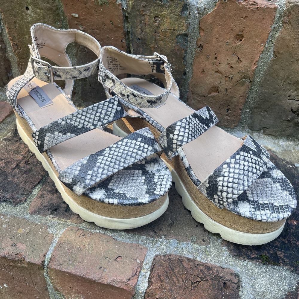 Steve Madden Kirsten Platform Cork Wedge Sandals Black Snakeskin 9.5